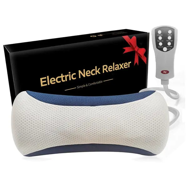 Best Tool Electric Cervical Neck and Shoulder Relaxer with Heat and Height Adjustment features an ergonomic white and blue cushion, wired remote, and comes in a black box with gold text and a red ribbon graphic.